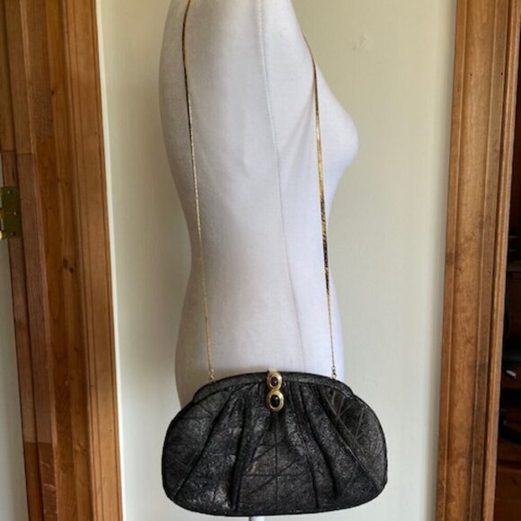 JUDITH LIEBER Vintage Minaudière Black Metallic Suede Gemstone Clasp Purse - Picture 4 of 17